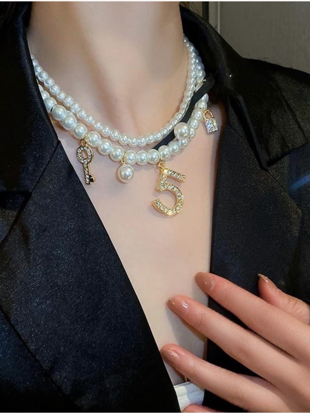 Pearl Layered Number 5 Charm Necklace - White Pearls with Gold Accents